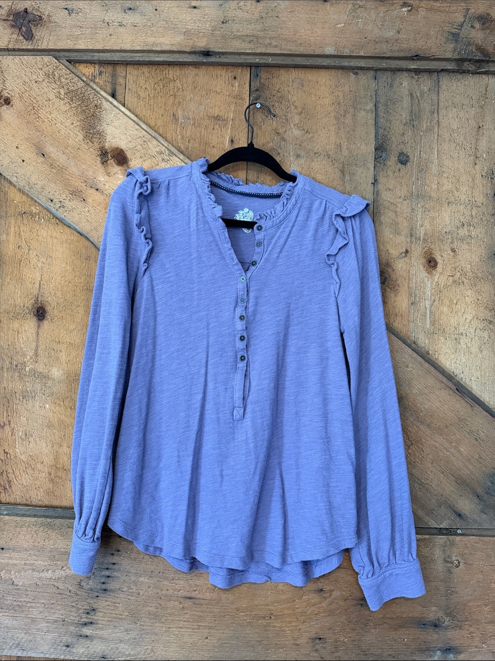 Pilcro Lavender Ruffle-Shoulder Long Sleeve Henley